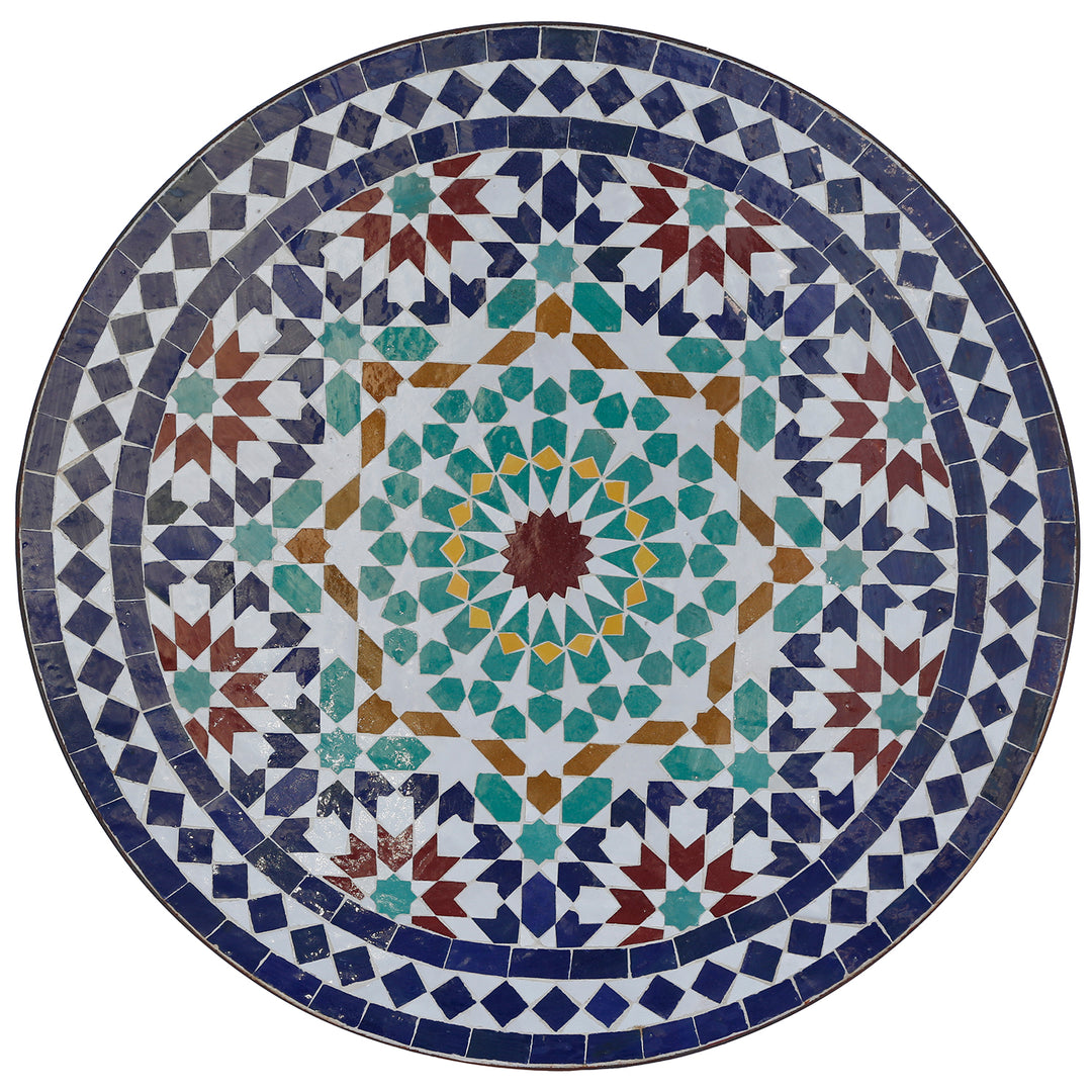 Terrassentisch Ø60 cm mit traditionellem Zellige-Mosaik in Blau, Türkis, Weiß, Ocker und Rot