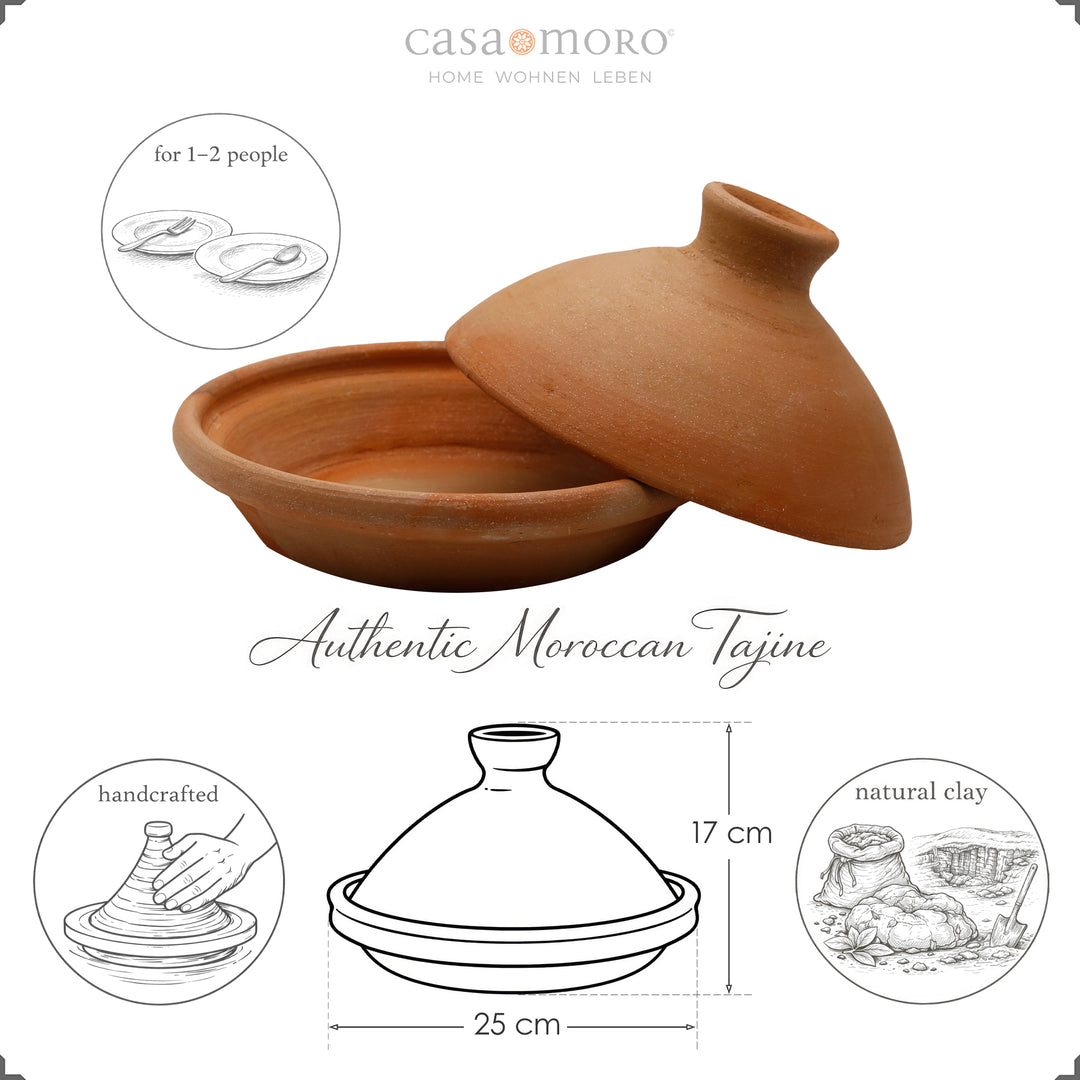 Tagine 25 cm de barro natural y barro, cazuela marroquí para 1-2 personas