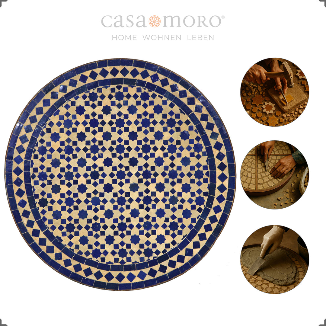 Orientalischer Balkontisch in Blau-Terracotta mit edel geschwungenem Metallgestell