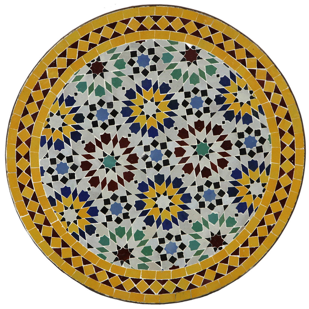 Balkontisch Ø 60 cm mit mehrfarbigem Zellige-Mosaik – handgefertigter Mosaiktisch aus Marokko für Garten und Terrasse