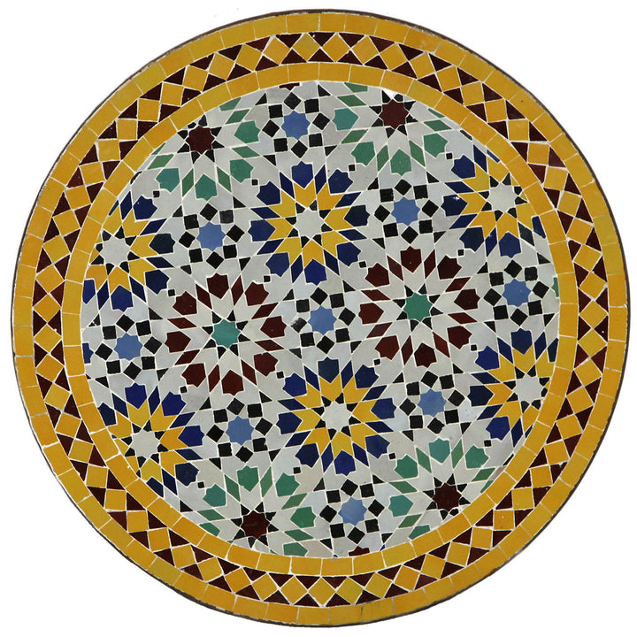 Balkontisch Ø 60 cm mit mehrfarbigem Zellige-Mosaik – handgefertigter Mosaiktisch aus Marokko für Garten und Terrasse