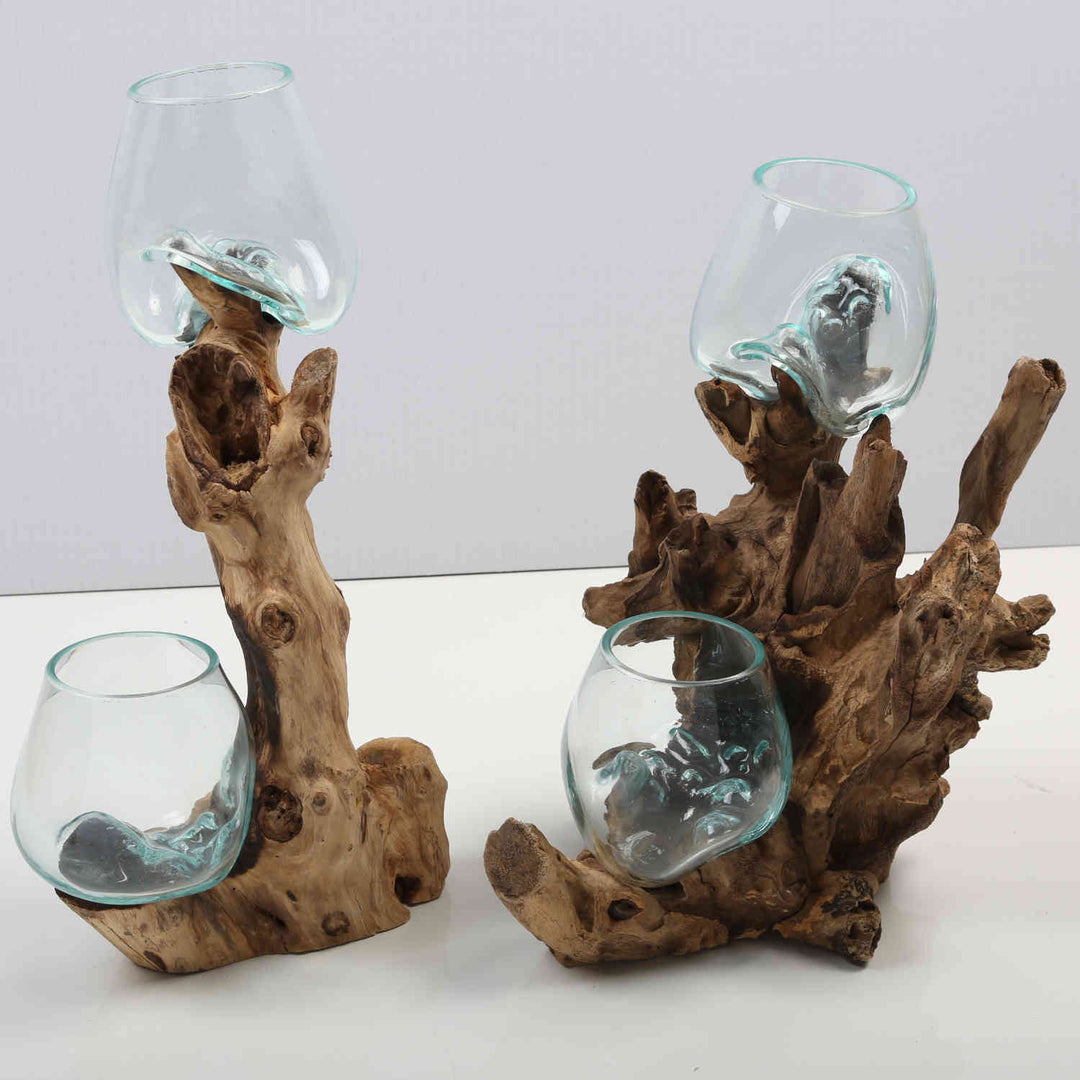 Jarrón doble de cristal de 12 cm sobre madera de raíz