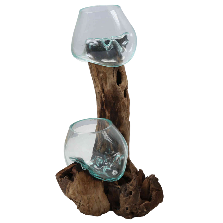 Jarrón doble de cristal de 15 cm sobre madera de raíz