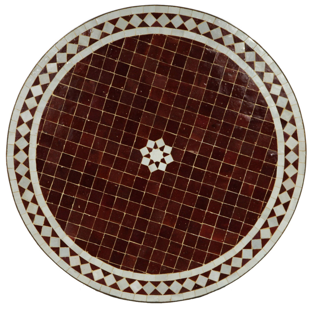 Runde Mosaikplatte Ø 60 cm in Bordeaux-Weiß mit klassischem Rautenmuster und Sternzentrum