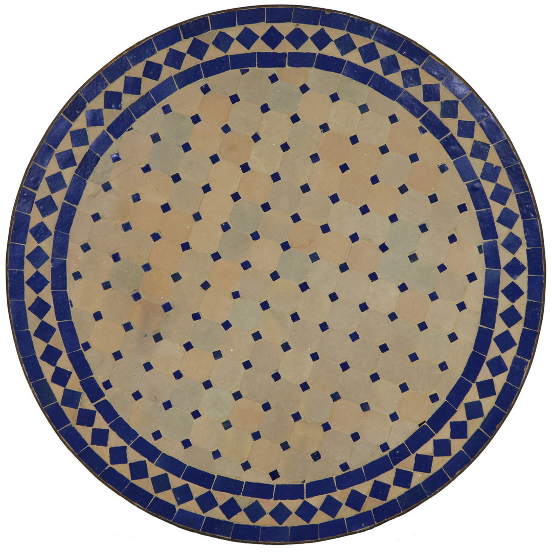 Gartentisch Rund 120 cm mit handgefertigtem Zellige-Mosaik in Blau und Terracotta