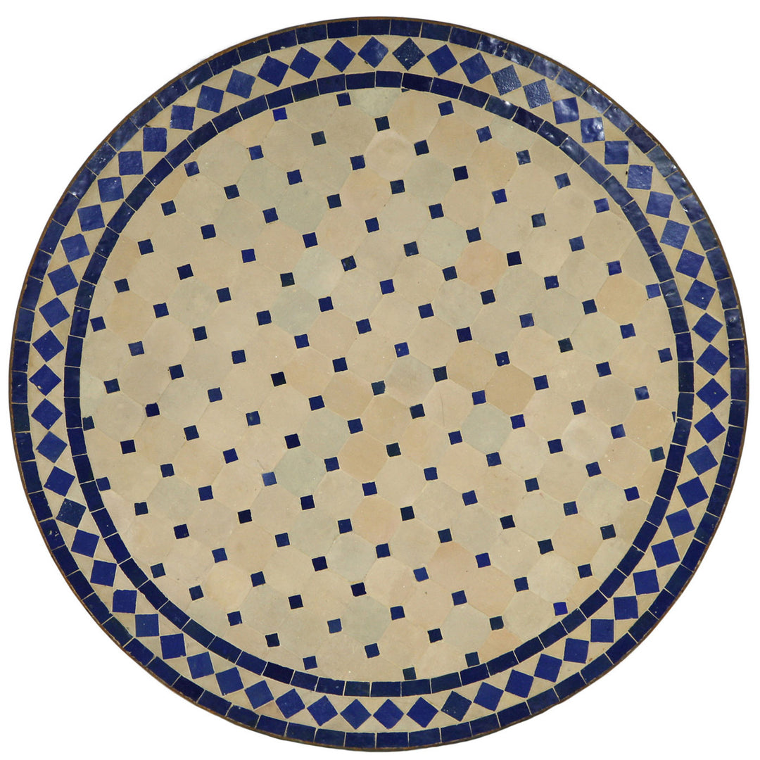 Gartentisch Rund 80 cm mit handgefertigtem Zellige-Mosaik in Blau und Terracotta