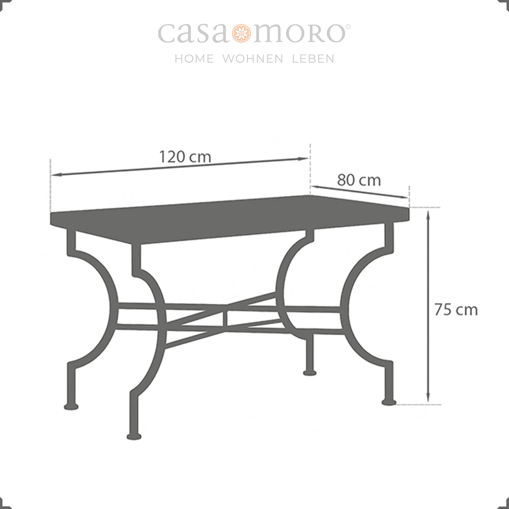 Maße: 120 x 80 cm, Höhe 75 cm – idealer Gartentisch für vier bis sechs Personen im Innen- und Außenbereich