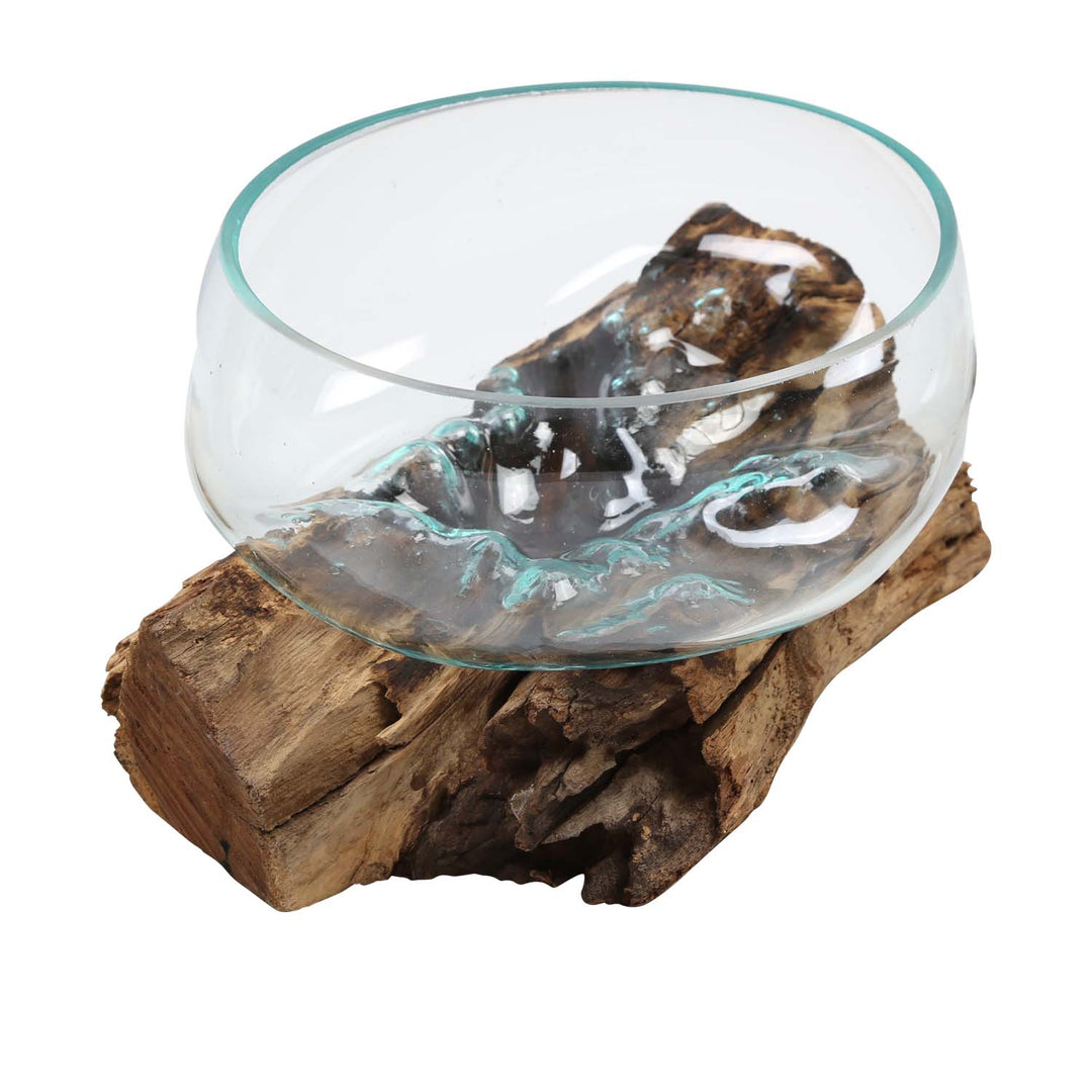 Cuenco de cristal de 20 cm sobre madera de raíz