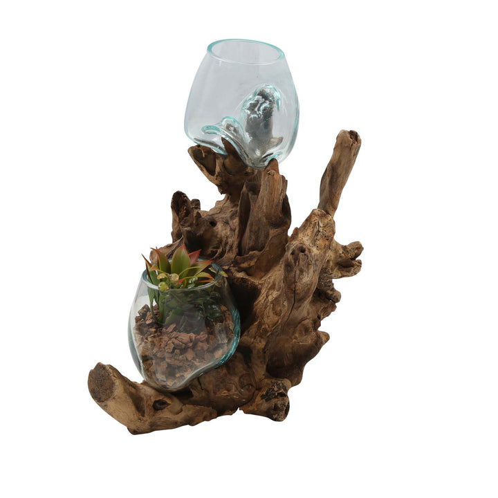 Jarrón doble de cristal de 12 cm sobre madera de raíz