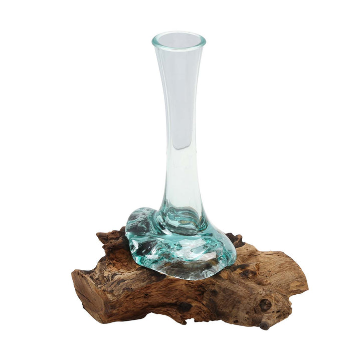 Jarrón de cristal sobre madera de raíz A25