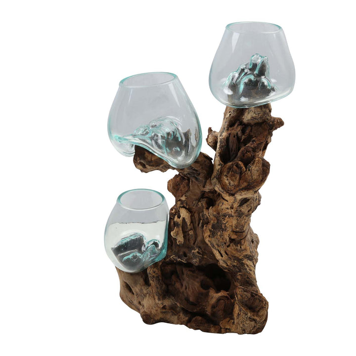 Tres jarrones de cristal de 12 cm sobre madera de raíz