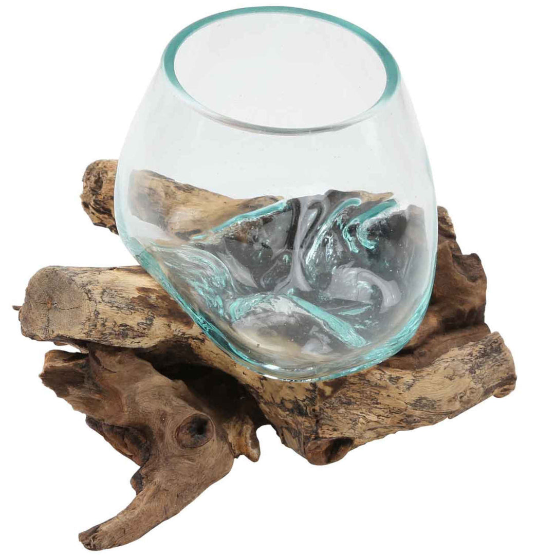 Jarrón de cristal sobre madera de raíz A12