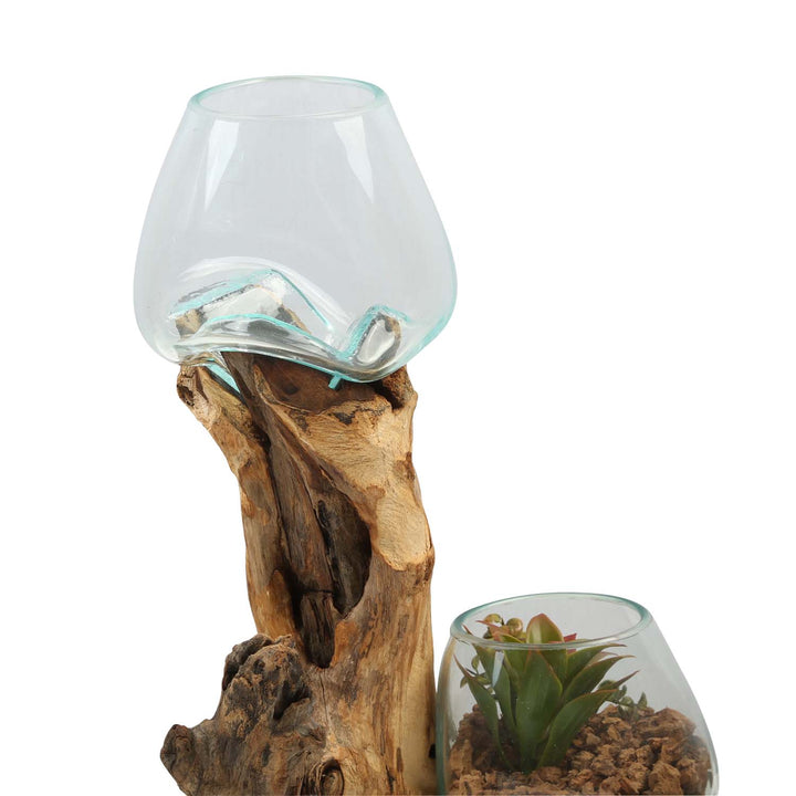 Jarrón doble de cristal de 15 cm sobre madera de raíz