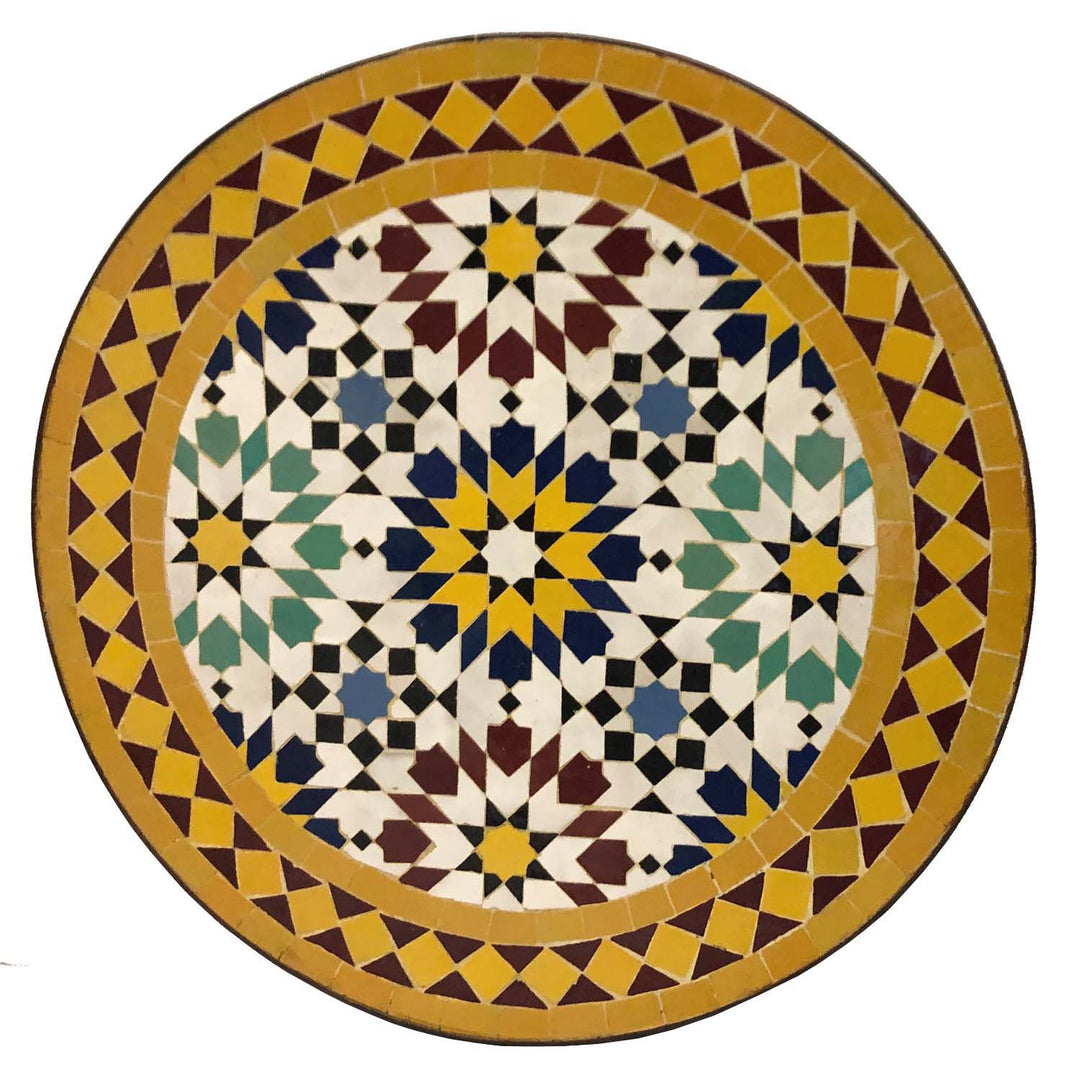Kaffeetisch Rund 45 cm mit multicolor Zellige-Mosaik in Gelb, Bordeaux und Türkis