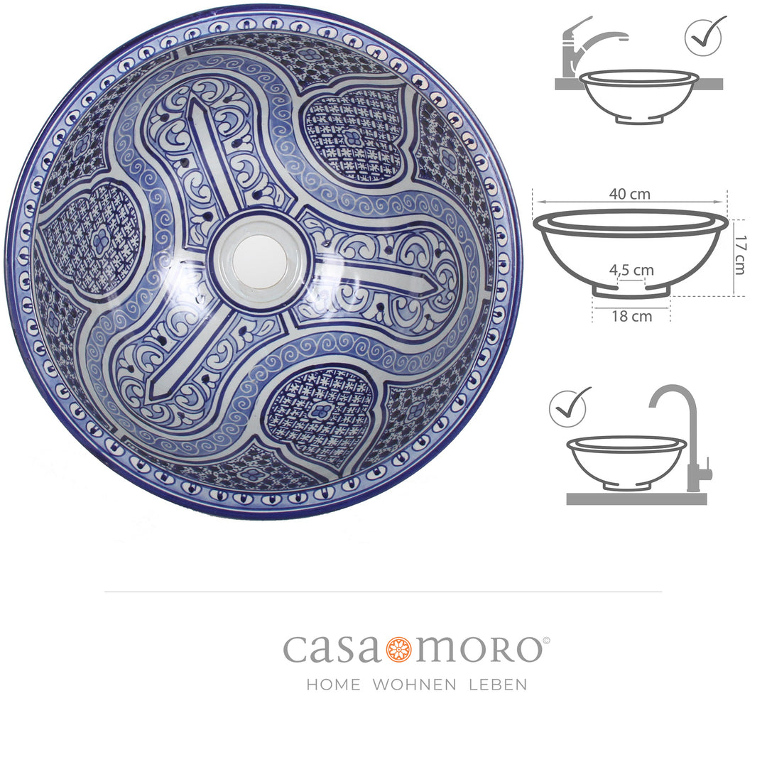 Lavabo de cerámica azul y blanco
