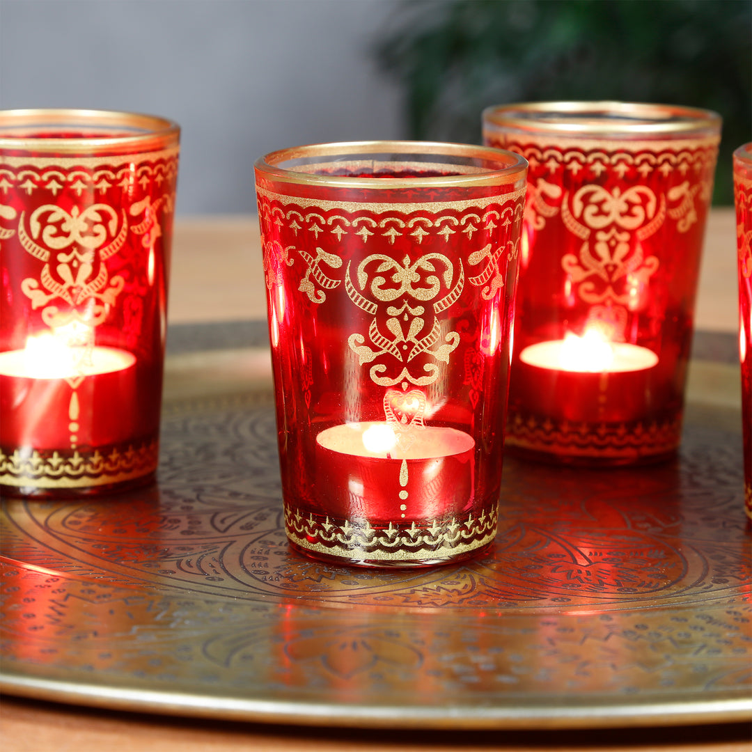 Vaso para velas calientaplatos rojo dorado, juego de 6
