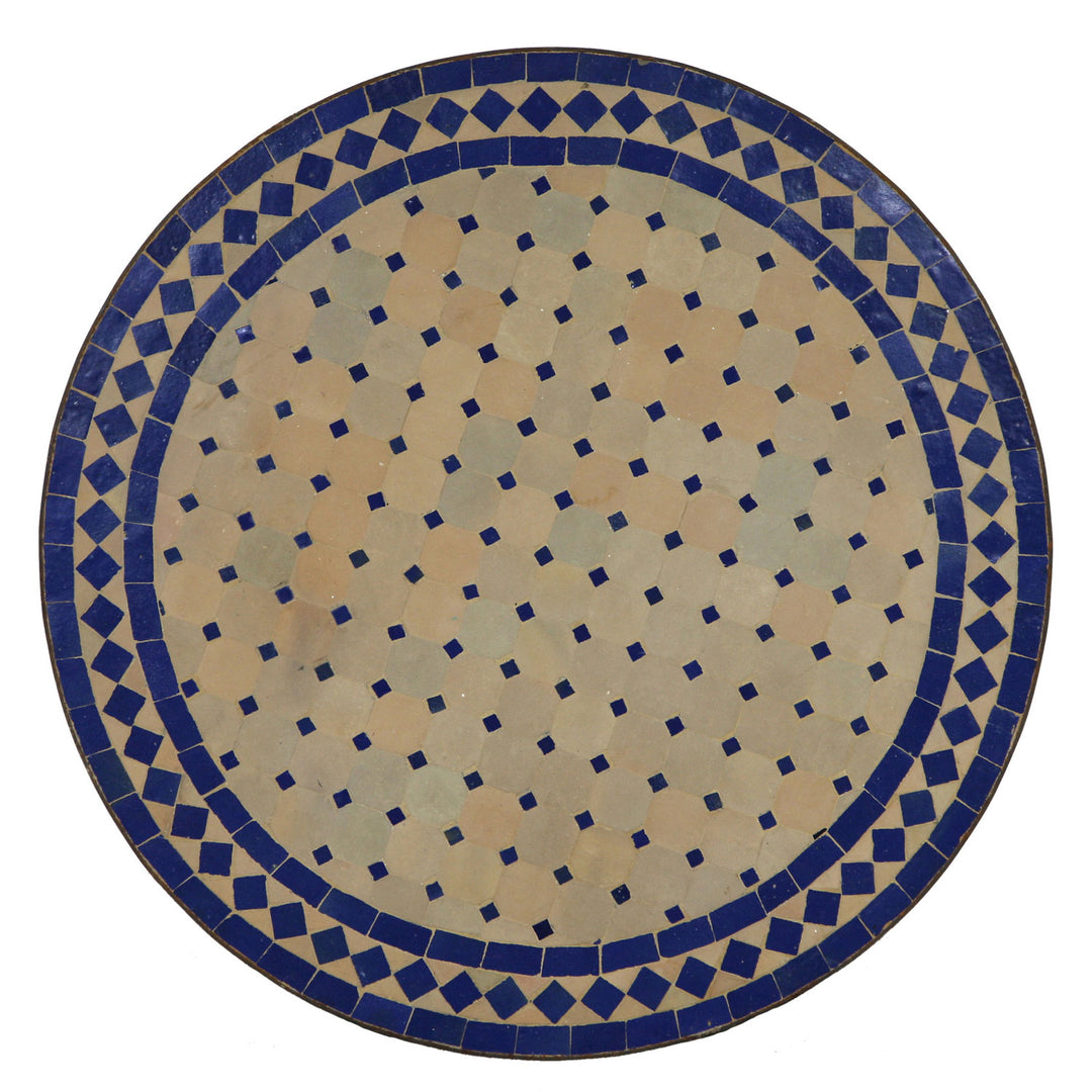 Mosaiktisch Rund 60 cm mit Zellige-Mosaik in Blau-Terracotta, kompakt für Terrasse oder Balkon