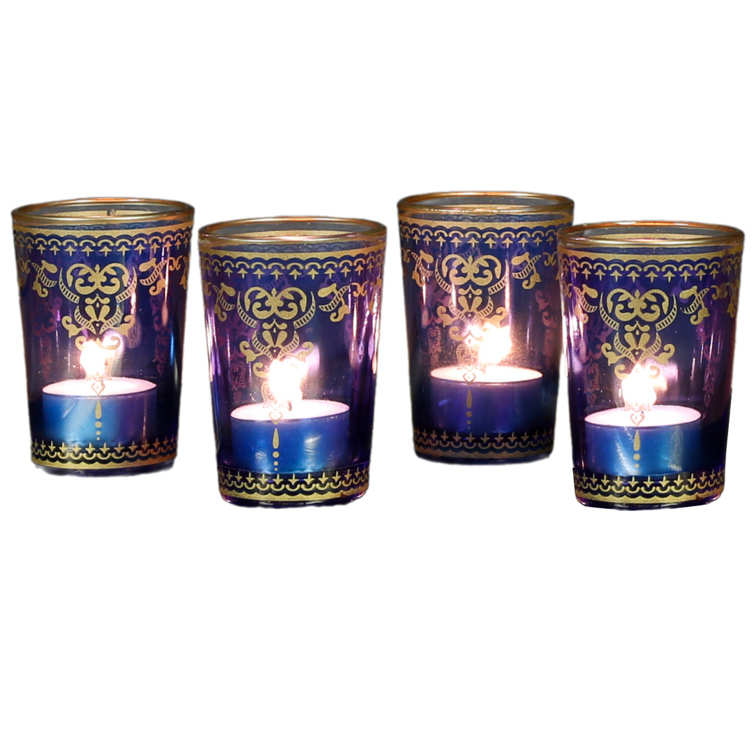 Vaso para velas calientaplatos azul dorado, juego de 6