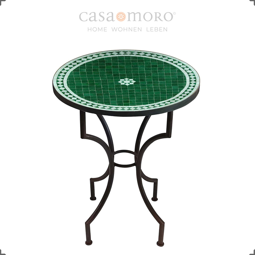 Runder Gartentisch 60 cm mit grünem Mosaik und geschwungenem Metallgestell