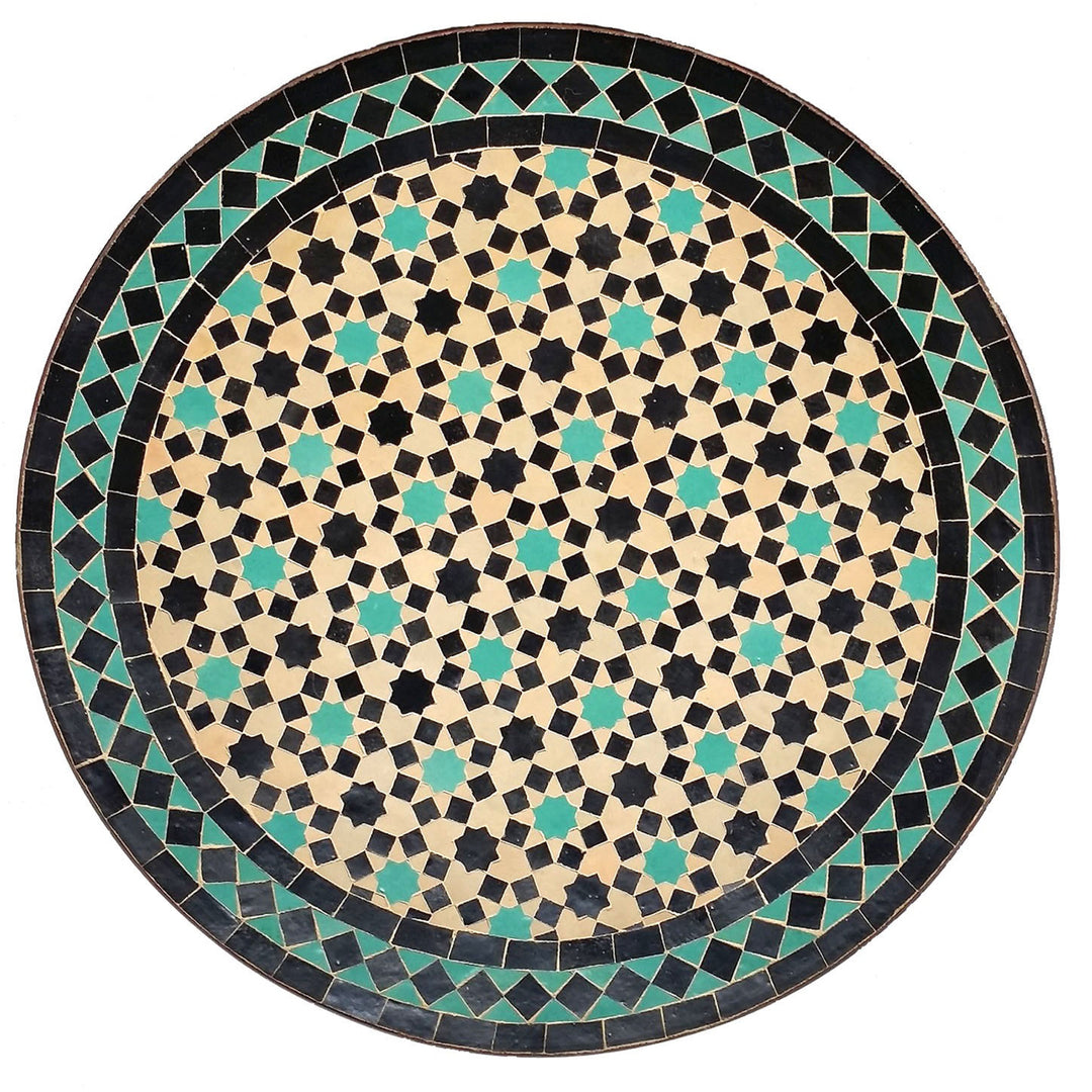 Terrassentisch Ø 60 cm mit Mosaiktischplatte aus türkisfarbenem Zellige-Fliesen