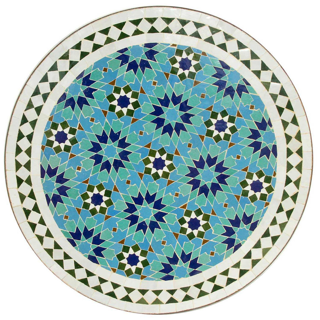 Bistrotisch Ø 60 cm mit türkis-blauem Zellige-Mosaik – marokkanischer Tisch für Balkon oder Terrasse