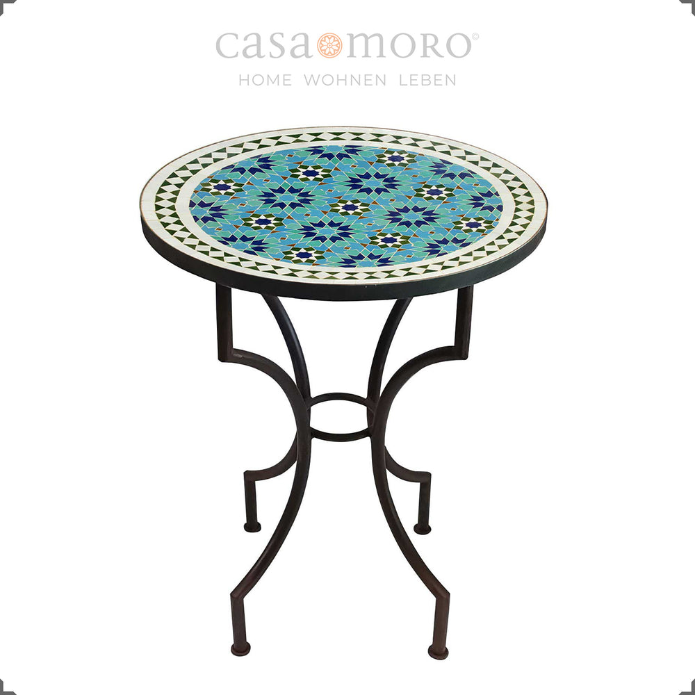 Zellige-Mosaiktisch in kräftigen Grüntönen und Blau – Tisch für zwei Personen, ideal für kleine Flächen