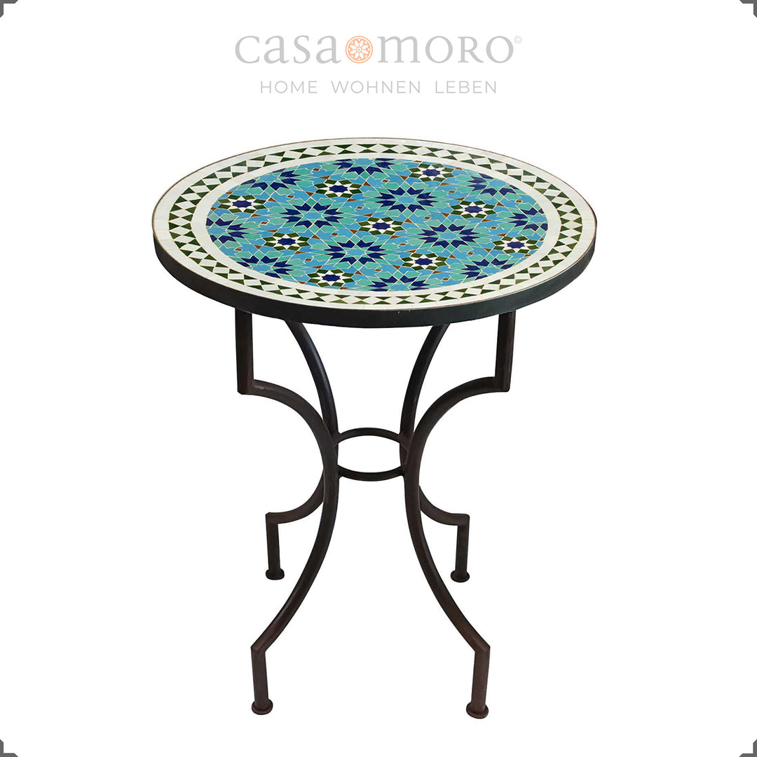 Zellige-Mosaiktisch in kräftigen Grüntönen und Blau – Tisch für zwei Personen, ideal für kleine Flächen