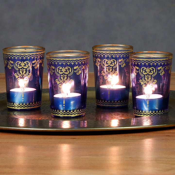 Vaso para velas calientaplatos azul dorado, juego de 6