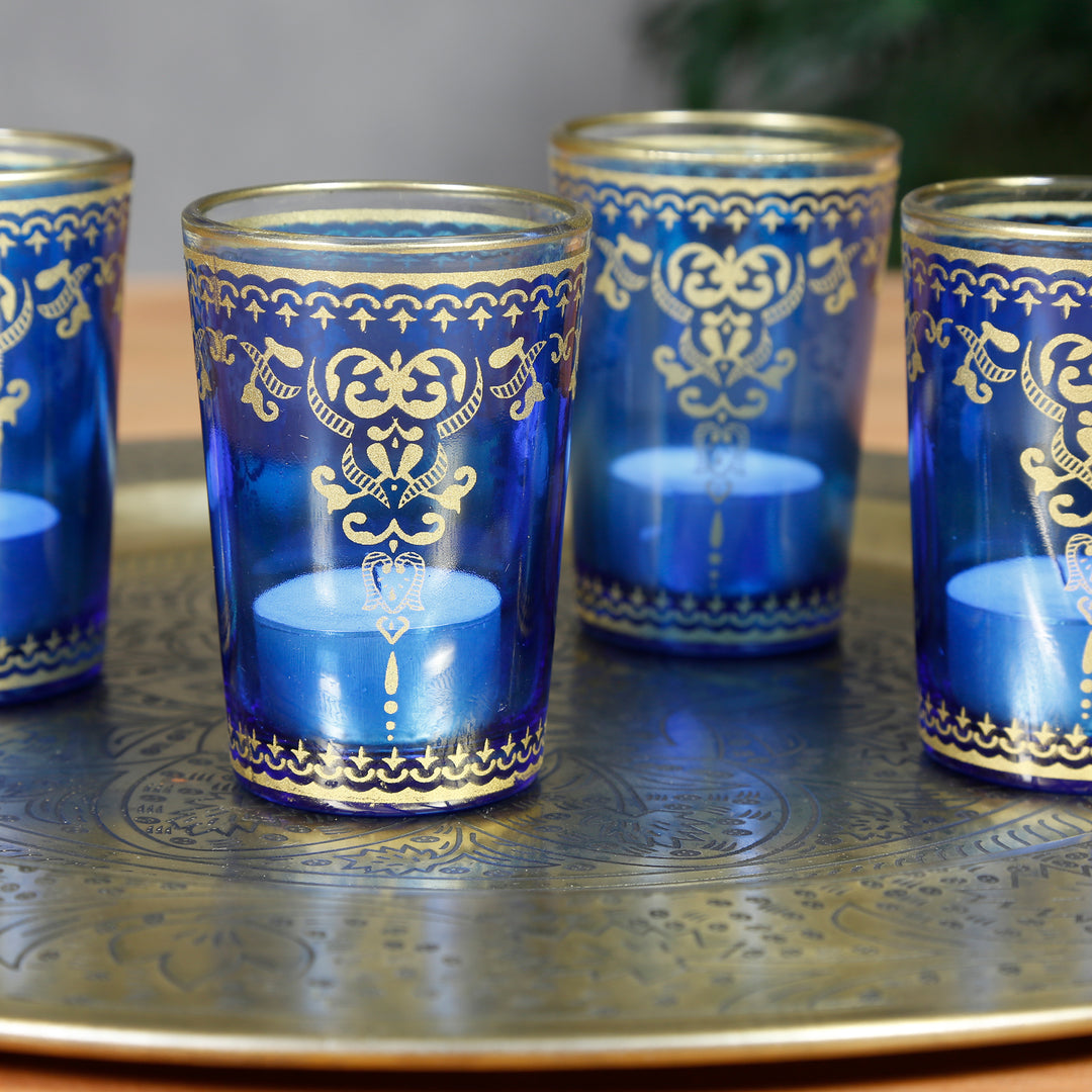 Vaso para velas calientaplatos azul dorado, juego de 6