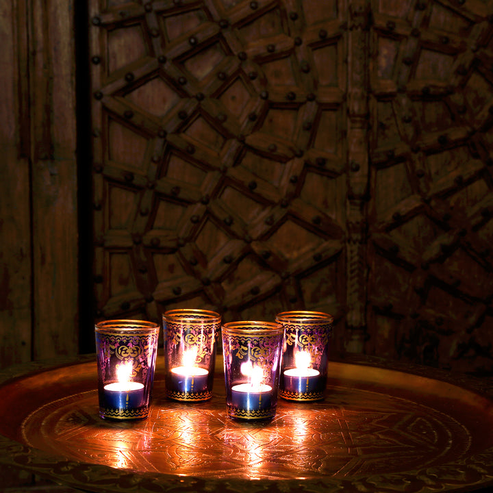 Vaso para velas calientaplatos azul dorado, juego de 6