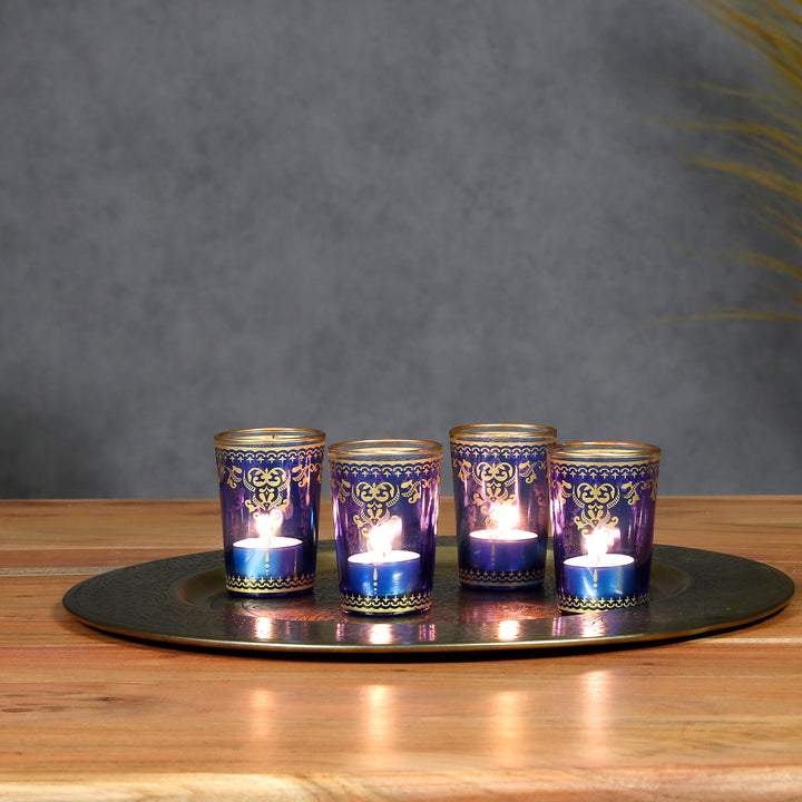 Vaso para velas calientaplatos azul dorado, juego de 6