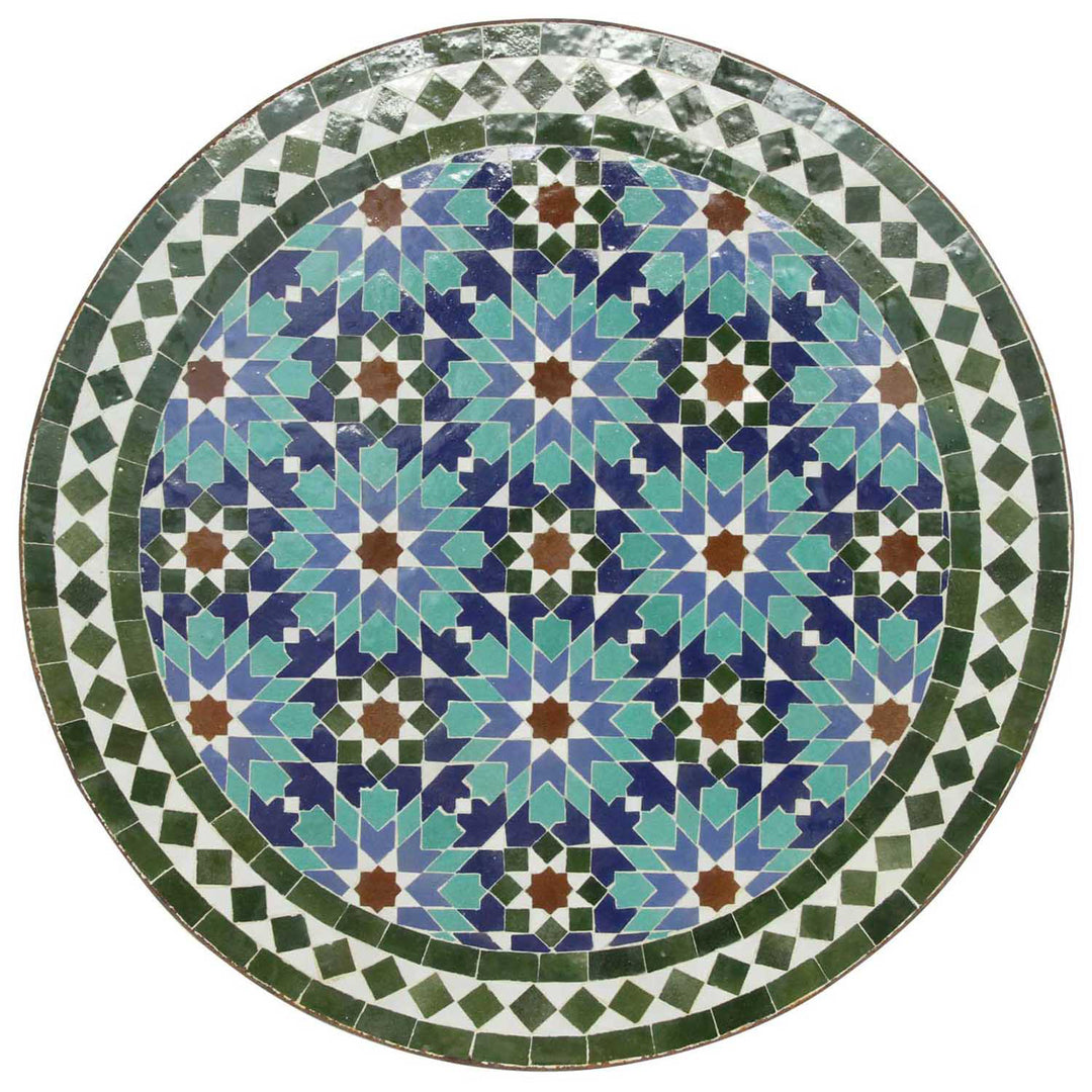 Kaffeetisch Rund 60 cm mit grün-blauem Zellige-Mosaik – handgefertigter Mosaiktisch aus Marokko