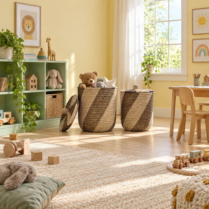 Seegraskörbe mit ca. 40 und 65 Litern Volumen im Kinderzimmer, der größere offen mit Kuscheltieren, der kleinere geschlossen.