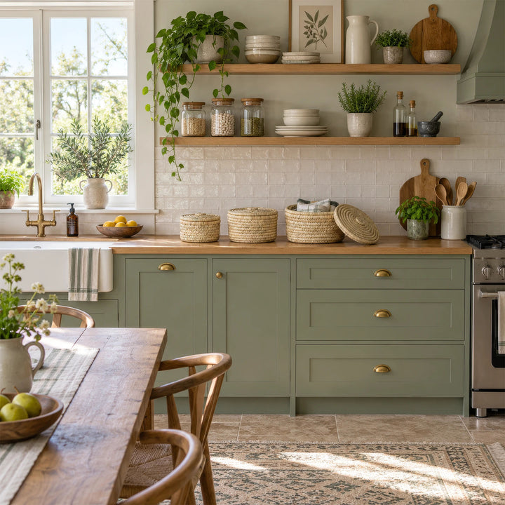 Tres cestas de hojas de palmera en la cocina, la más grande con paños de cocina: 3,5 litros, 7 litros y 15 litros de capacidad.