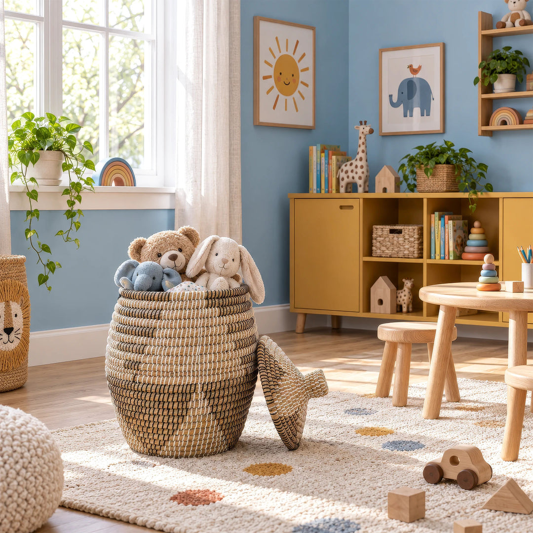 Cesta de algas marinas en colores natural, marrón, negro y blanco, con un volumen aproximado de 30 litros, y peluches en la habitación infantil.