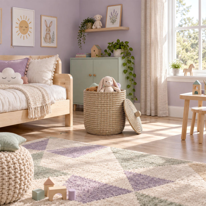 Cesta de almacenamiento abierta de algas marinas, con un volumen aproximado de 65 litros, y peluches en una habitación infantil de tonos claros.