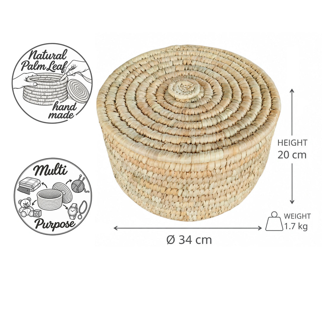 Cesta de almacenamiento con tapa de hoja de palma, tamaño L: Ø 34 cm, 20 cm de altura, 15 litros de capacidad y 1,7 kg de peso.