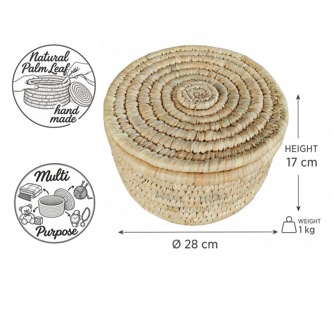 Cesta de almacenamiento tejida a mano con tapa, fabricada con hoja de palma, tamaño M: Ø 28 cm, 17 cm de altura y 1 kg de peso.