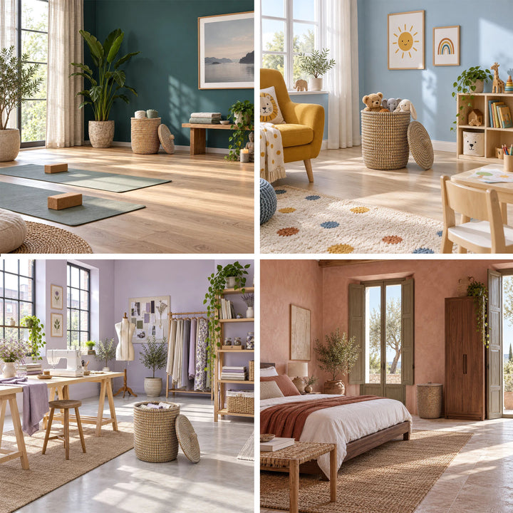 Collage: Seegraskorb mit ca. 40 Litern Volumen im Yogaraum, Kinderzimmer, Nähatelier und Schlafzimmer.