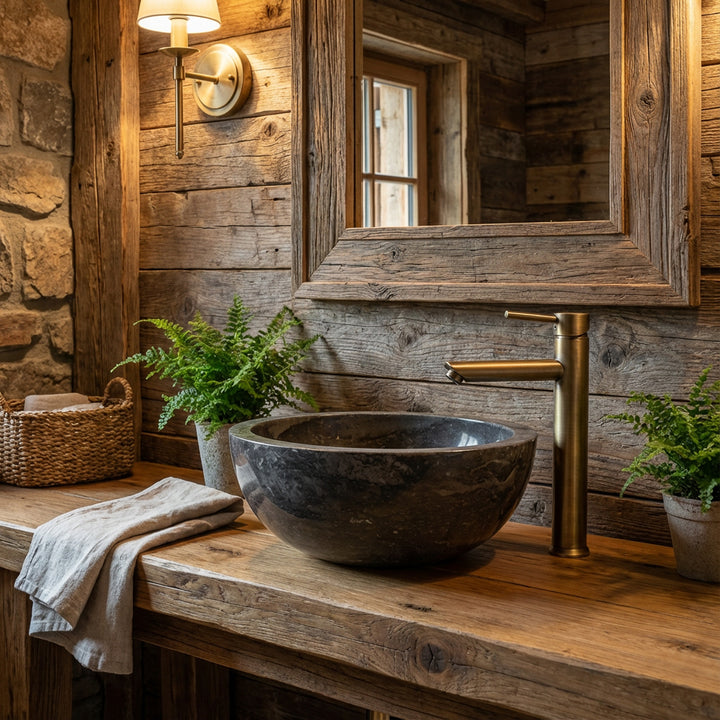 Rundes Aufsatzwaschbecken aus dunklem Marmor auf rustikaler Holzkonsole mit Messingarmatur im warmen Landhausbad