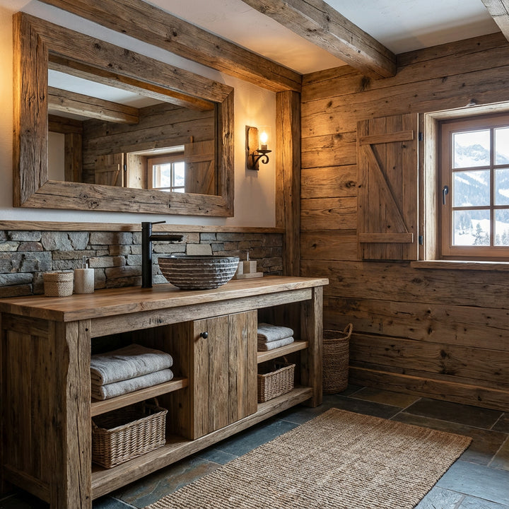Lavabo de encimera redondo de piedra natural sobre lavabo rústico de madera en un acogedor baño tipo chalet con paredes de piedra y luz cálida