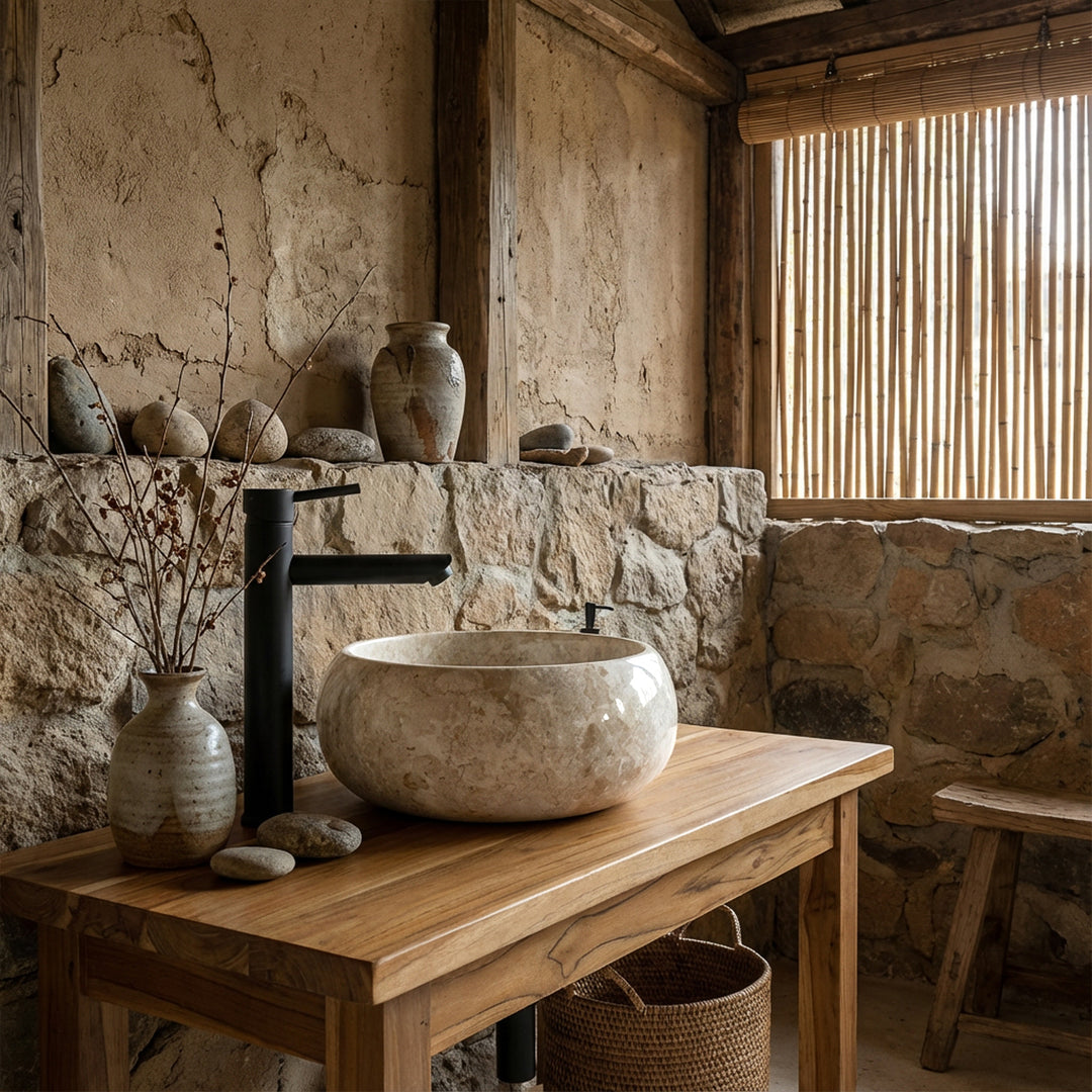 Lavabo sobre encimera redondo de mármol claro sobre lavabo de madera con grifería negra en un ambiente de baño tranquilo y natural