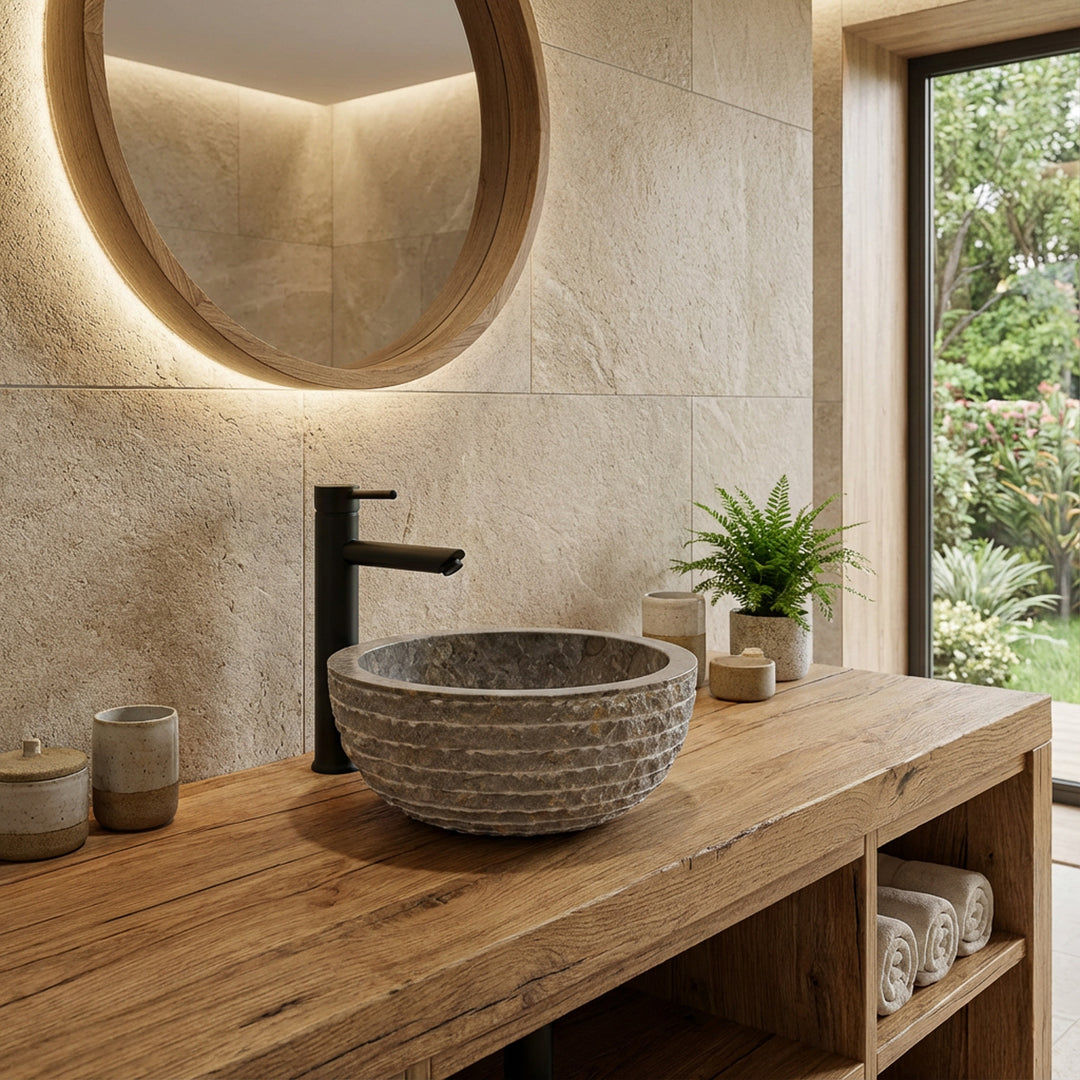Lavabo redondo de piedra natural sobre una consola de madera maciza, baño moderno con paredes de piedra, plantas y luz natural