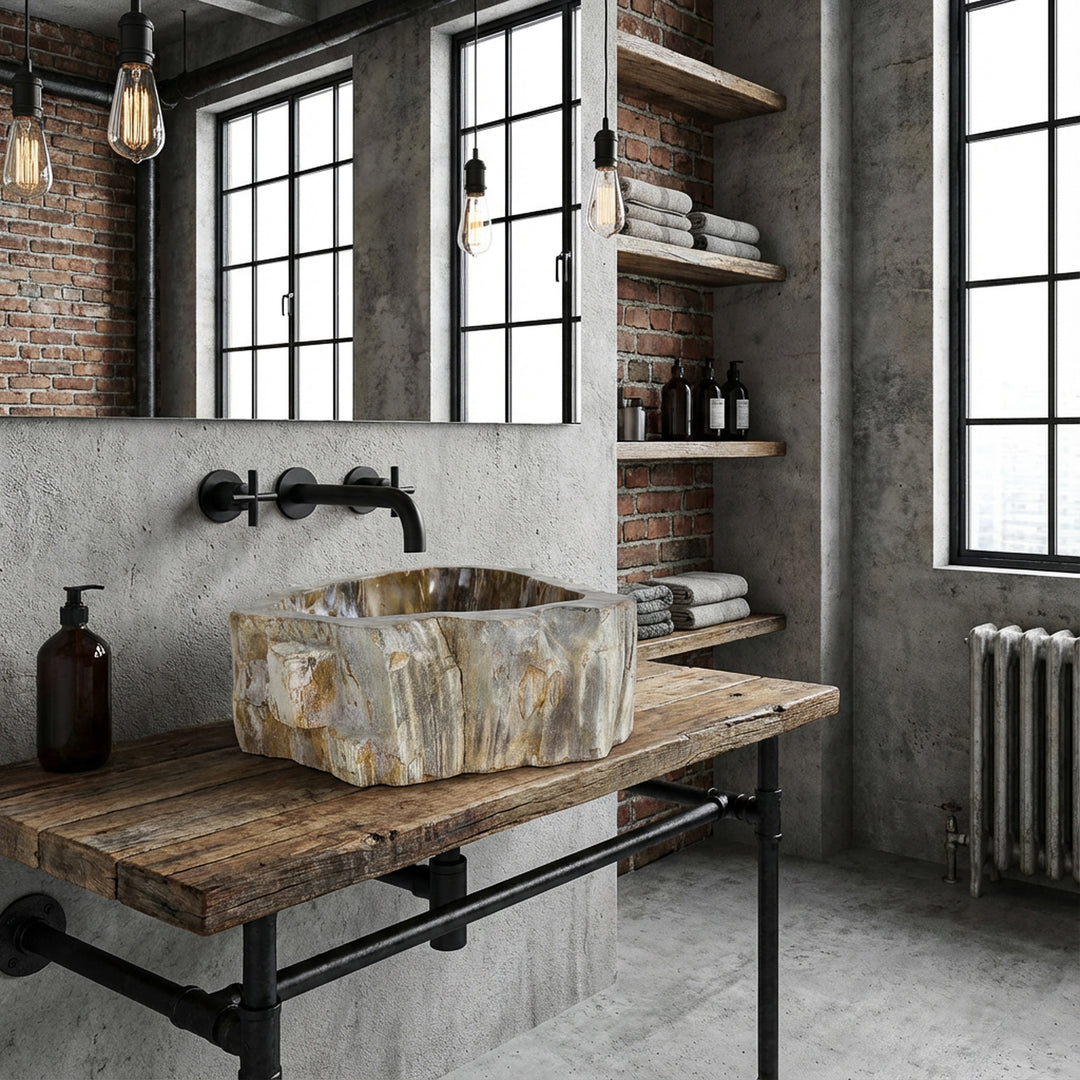 Lavabo sobre encimera de piedra natural con estructura de madera fósil, colocado sobre estantería de madera en baño industrial con pared de ladrillo y herrajes metálicos.