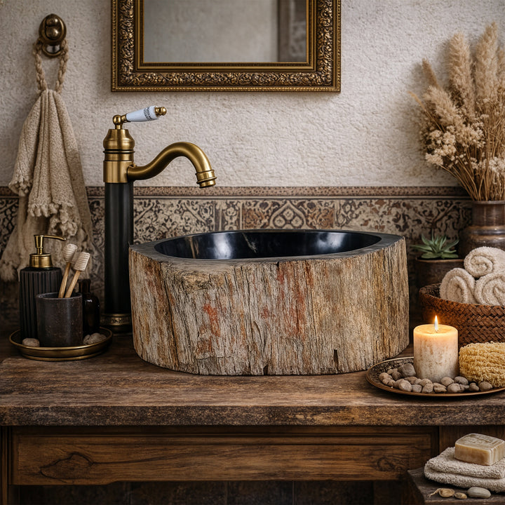 Lavabo sobre encimera de piedra natural con estructura de madera fosilizada, lavabo redondo de piedra sobre consola de madera con herrajes de latón en un ambiente de baño cálido.