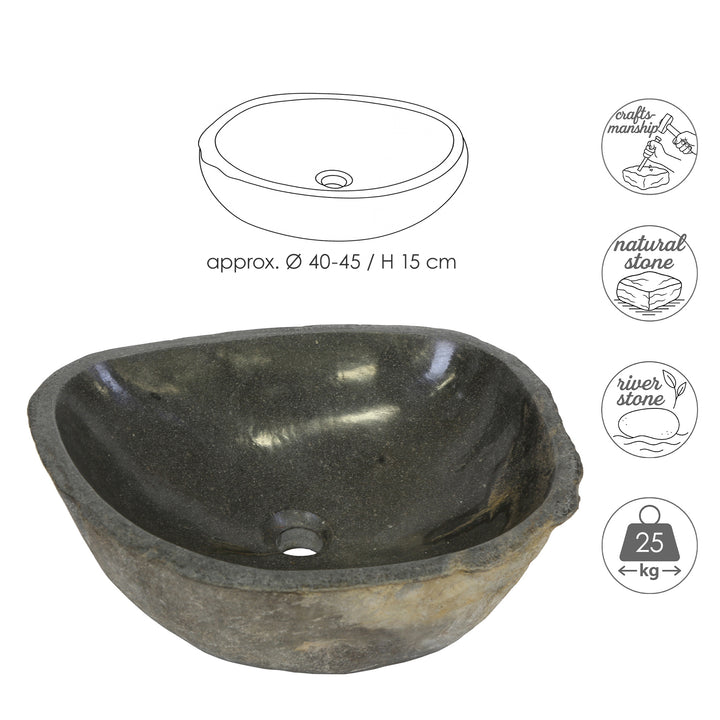 Lavabo sobre encimera de River Stone con gráfico dimensional, ovalado River Stone Lavabo Fabricado en piedra natural con forma artesanal.