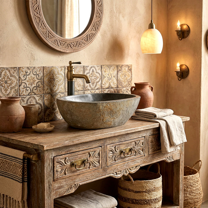 Lavabo sobre encimera de piedra de río en un cálido baño oriental sobre un lavabo de madera, combinado con grifería de latón y un ambiente artesanal