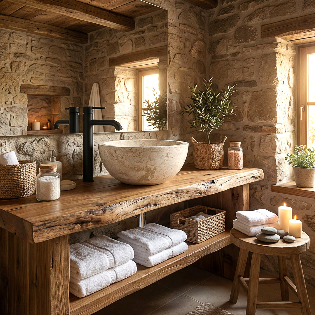 Lavabo sobre encimera redondo de piedra clara sobre una consola de madera maciza con accesorios negros en un cálido baño de piedra natural