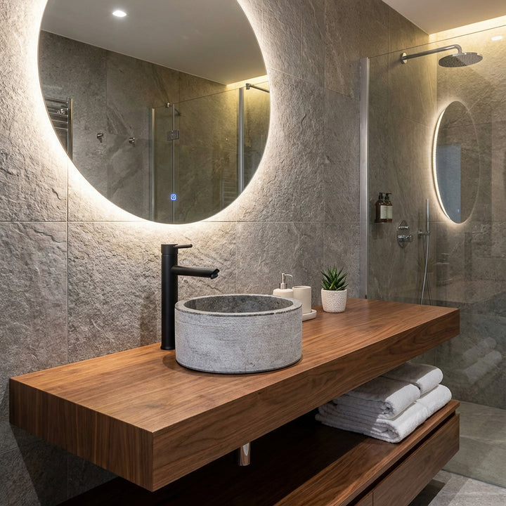 Lavabo sobre encimera redondo de piedra natural sobre consola de madera maciza, presentado de forma moderna en el baño con una iluminación cálida.