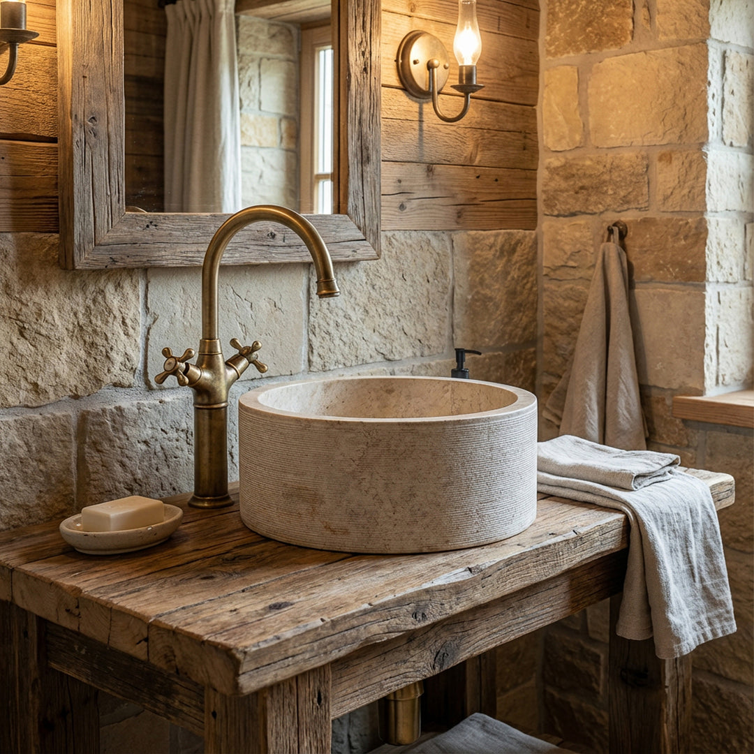 Lavabo sobre encimera redondo de piedra sobre una mesa rústica de madera, combinado con herrajes de latón en un acogedor baño de casa de campo.